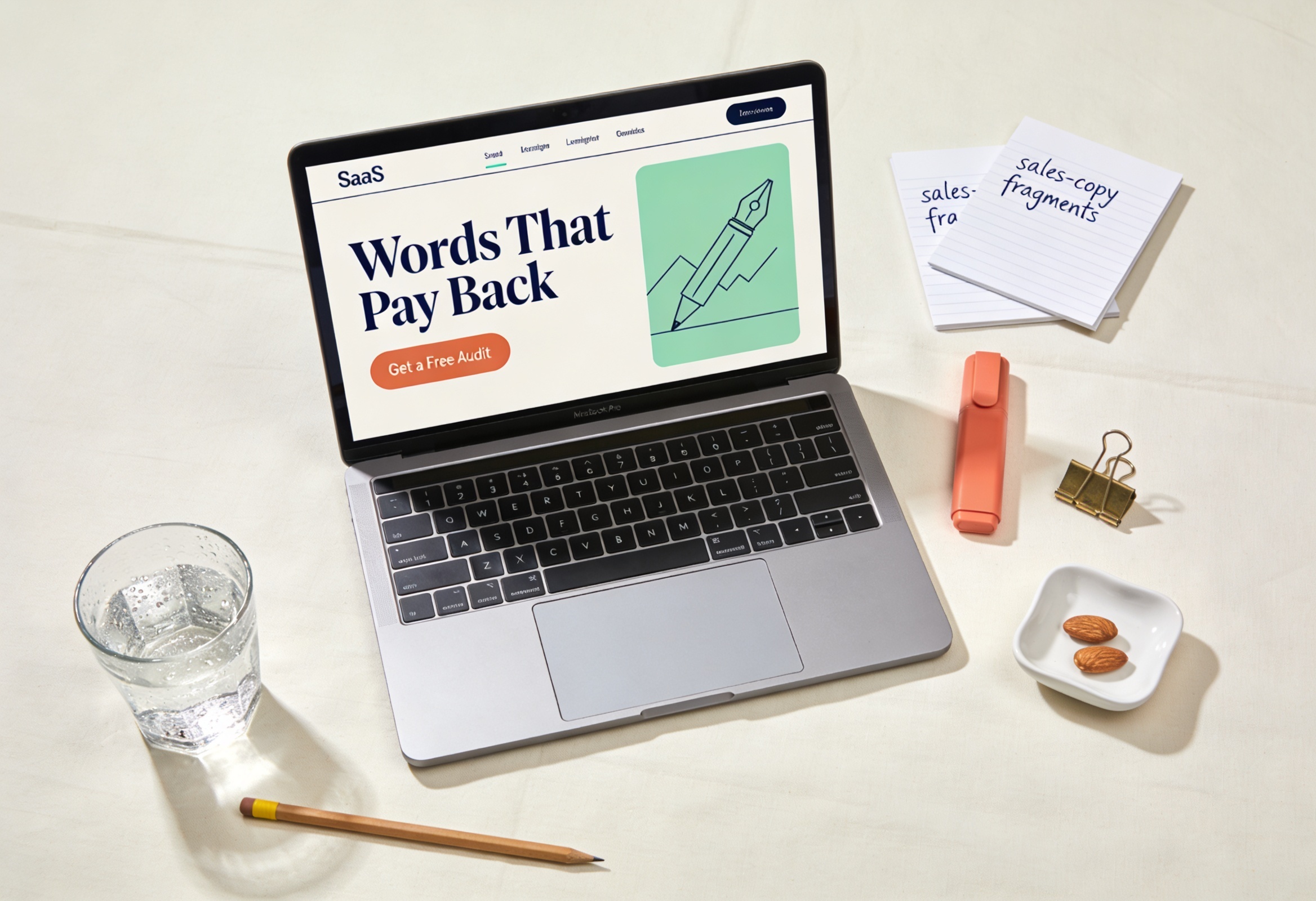 Üstten flat-lay dizüstü açık SaaS landing page görünür notlar fosforlu kalem cam su