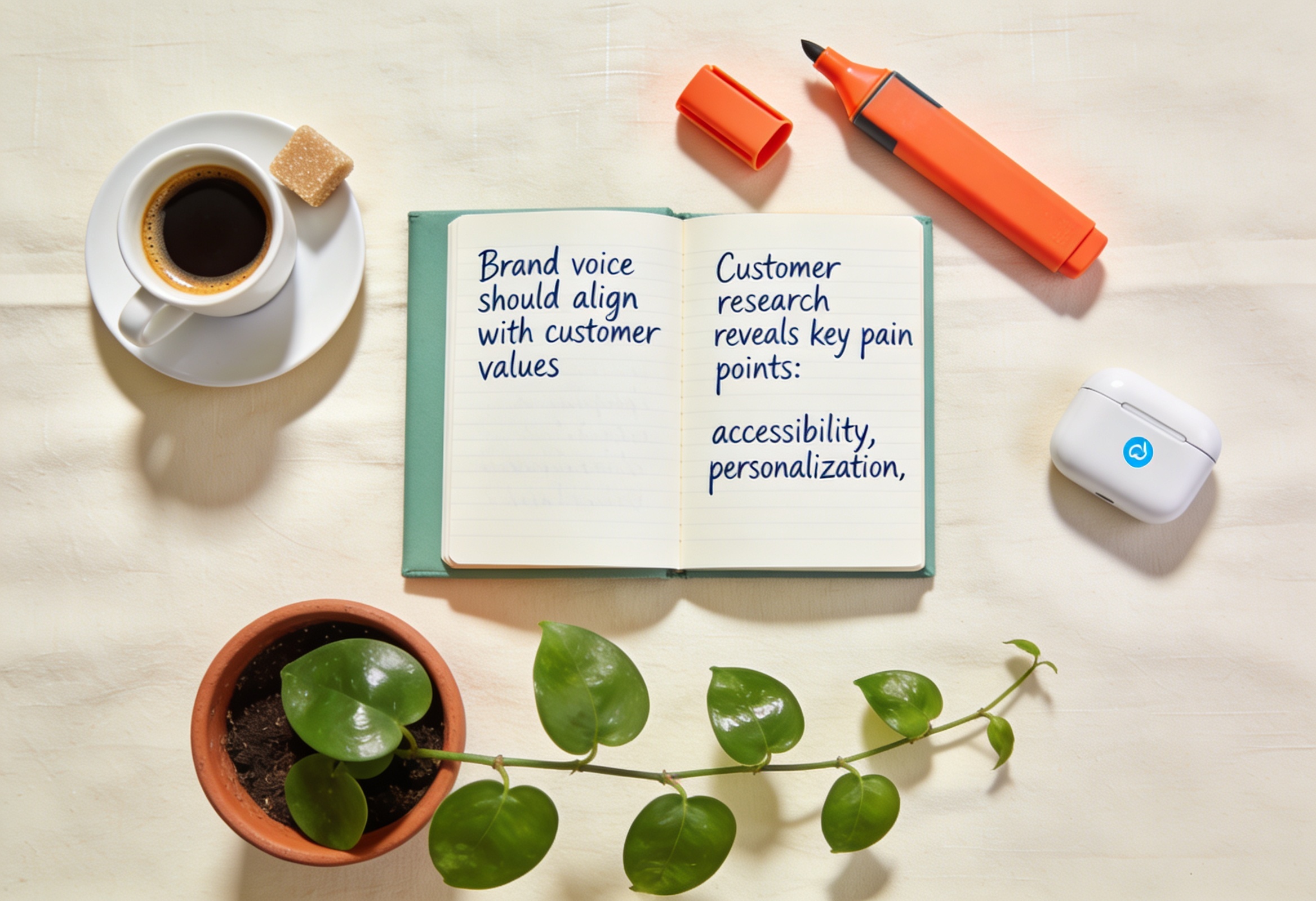 Üstten flat-lay açık sage defter yanında espresso fincanı tangerine fosforlu kalem ve saksıda bitki